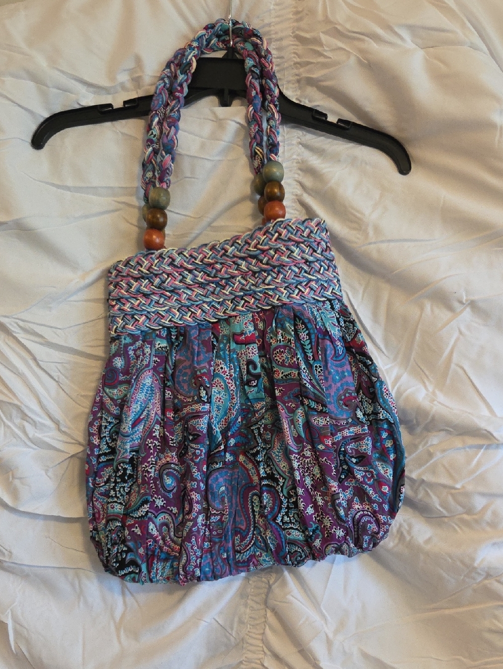 Boho Paisley Braided-Handle Shoulder Bag in Purple and Teal